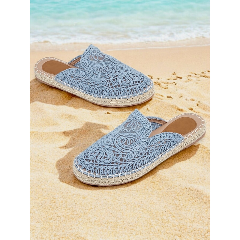 Women's Blue Crochet Espadrille Flats with Mesh Detail, Boho Style Slip-On Summer Shoes for Beach and Casual Wear2
