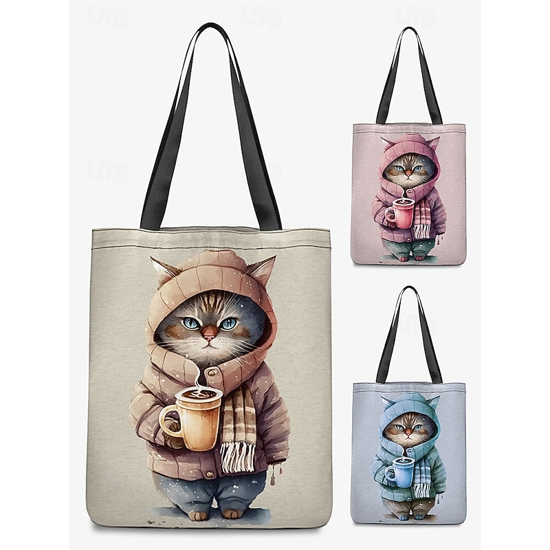 Women's Cute Cat Print Tote Bag with Winter Theme - Stylish and Durable Canvas Bag for Shopping and Everyday Use
