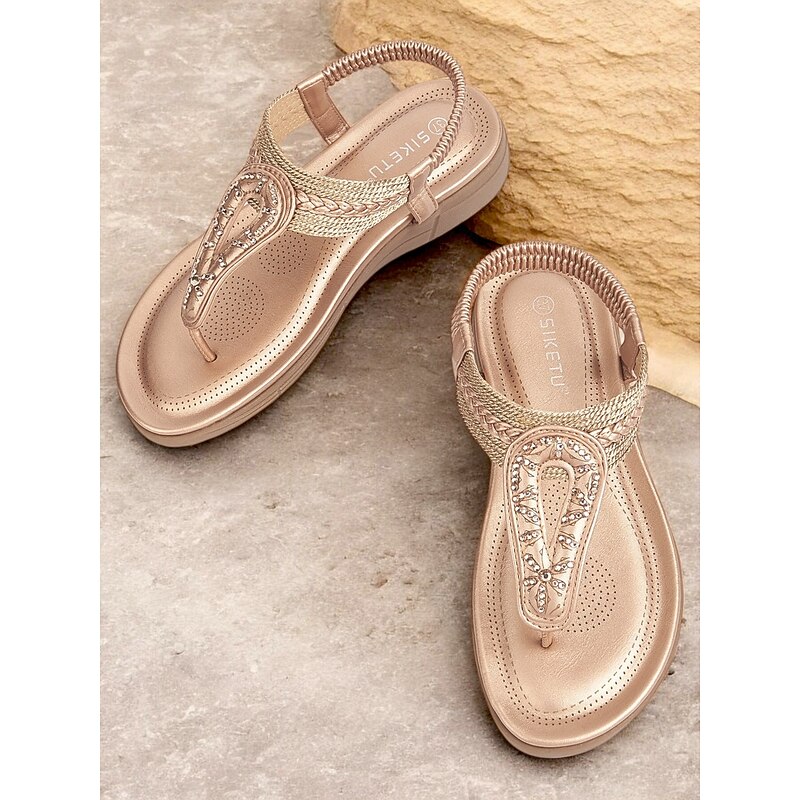 Women's Rhinestone T-Strap Sandals with Braided Detailing, Comfortable Flat Summer Shoes for Casual and Beach Wear