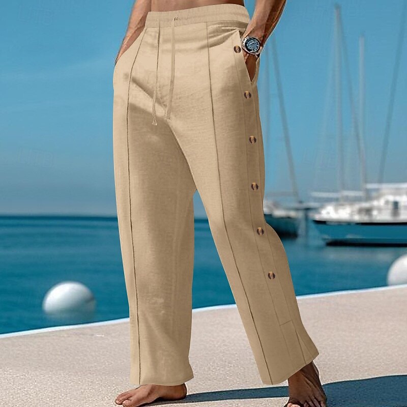 Men's Linen Pants Trousers Summer Pants Beach Pants Elastic Waist Side Button Pleats Plain Comfort Breathable Full Length Casual Daily Holiday Vacation Fashion Black White2