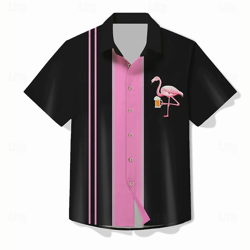 Men's Flamingo Bowling Shirt Button Up Shirt Aloha Shirt Short Sleeve Hawaiian Resort Vacation Casual Summer Spring Turndown Button Up Black White3