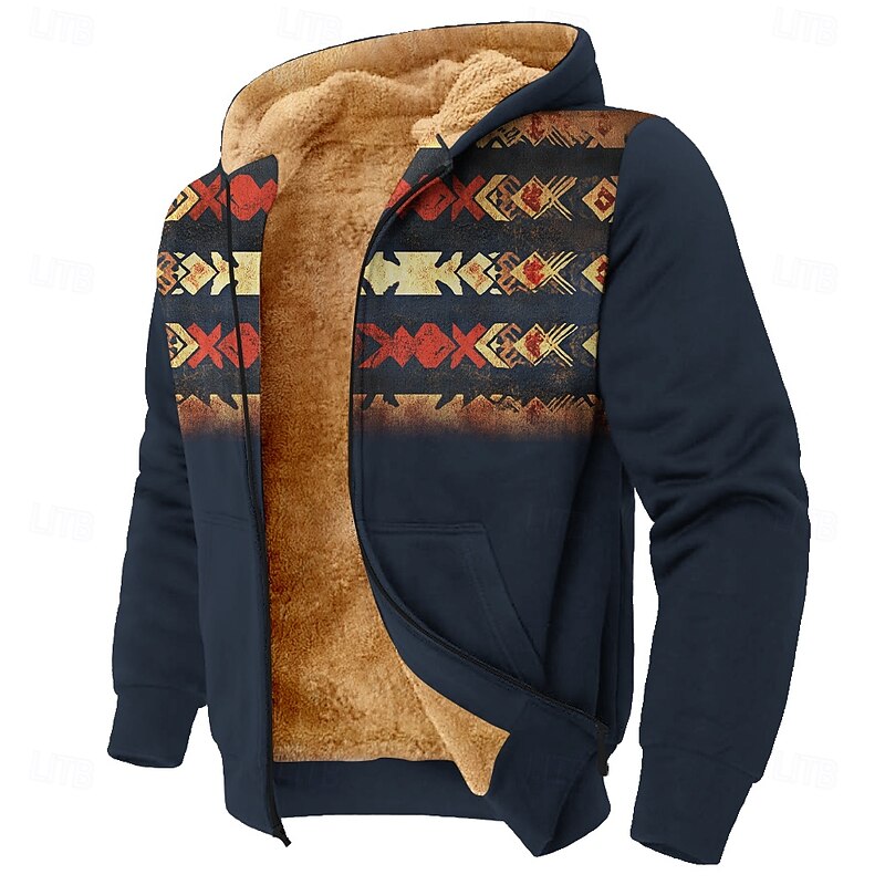 Men's Aztec Fleece Hoodie Simple Casual Long Sleeve Crew Neck Hunting Black Blue Zip Up Fall Winter Designer
