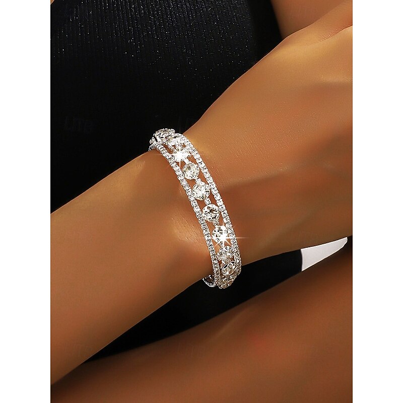 Elegant Double Row Simulated Rhinestone Bangle Bracelet – Sparkling Crystal-Inspired Jewelry for Women, Perfect for Weddings, Parties, and Formal Events2