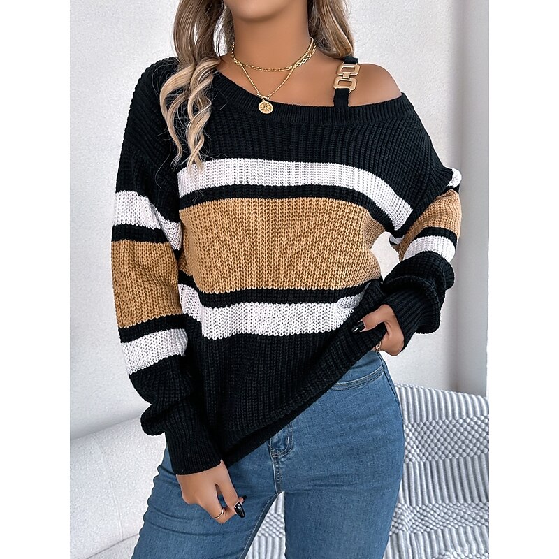 Women's Sweater Casual Soft Striped Ribbed One Shoulder Knitted Cold Shoulder Long Sleeve Regular Tops Knit Outdoor Daily Weekend Orange Khaki Fall Winter