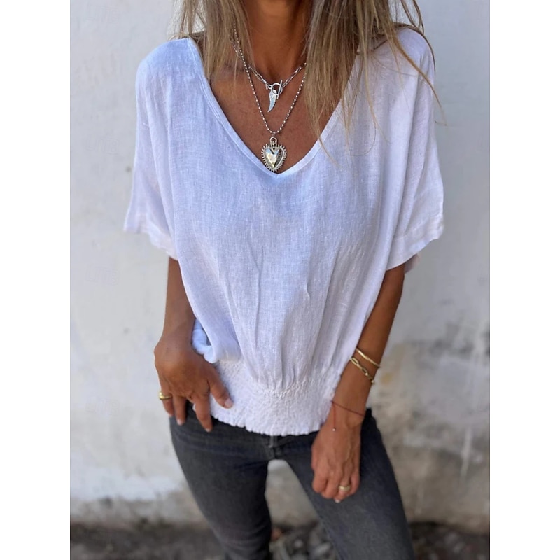 Women's Shirt Blouse Cotton Linen Shirts Solid Color Basic Casual Short Sleeve V Neck Regular Tops Daily Ruched White Brown Beige Summer Spring