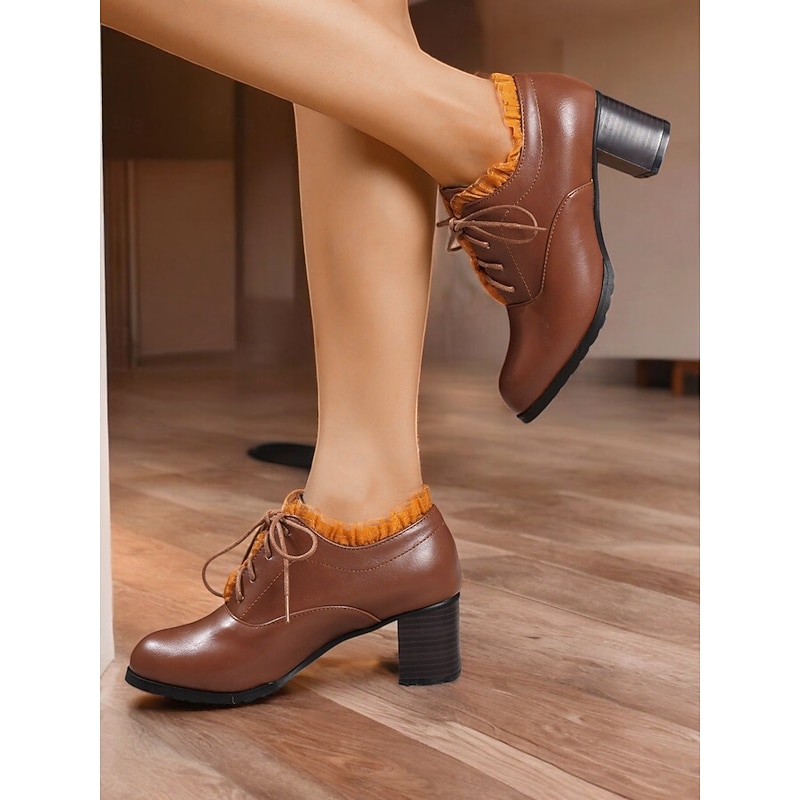 Women's  brown Vintage Lace-Up faux Leather Oxfords with Ruffle Trim| for Work or Casual Wear2