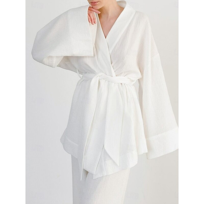 Women's Pajama Set Casual Comfort Pure Color Lace up Elastic Waist Robe Top Pant Home Daily Long Sleeve V Neck White Blue Brown Summer Spring Fall Regular Fit4