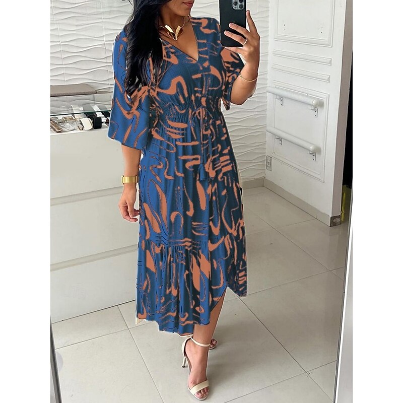 Women's Maxi Dress Casual Dress Swing Dress A Line Dress Casual Daily Regular Fit Graphic 3/4 Length Sleeve V Neck Blue Khaki Army Green Summer Spring Fall3