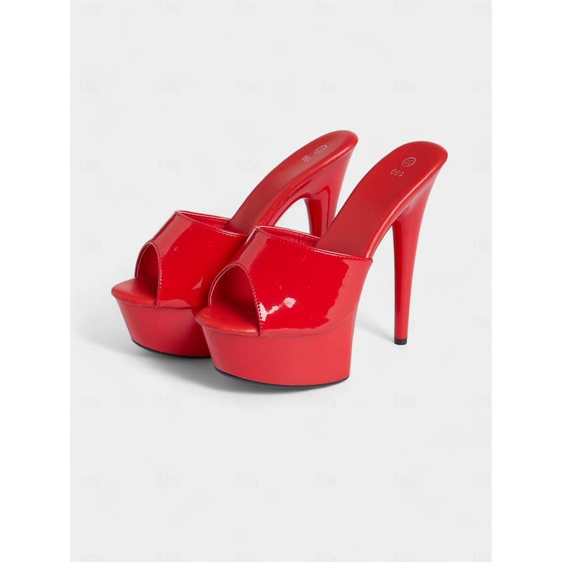 Women's Red Patent Leather Platform High Heels with Open-Toe Design – Sexy Stiletto Mules for Parties and Clubwear3