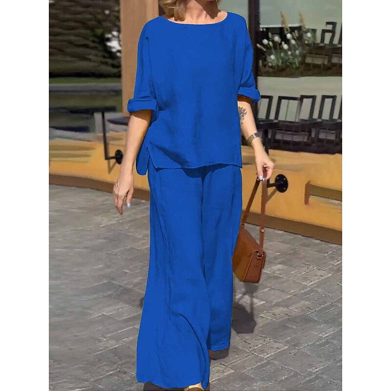 Women's Fashion Streetwear Daily Shirt Blouse Wide Leg Pants Long Sleeve Crew Neck Plain Casual Daily Yellow Blue Green Spring &  Fall Regular Fit