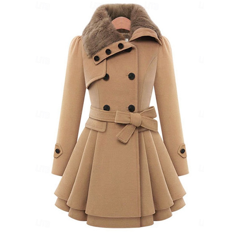 Women's Coat Pea Coat Windproof Warm Patchwork Buttons Elegant Fashion Solid Color Daily Turndown Regular Fit Long Sleeve Outerwear Black Khaki Fall Winter
