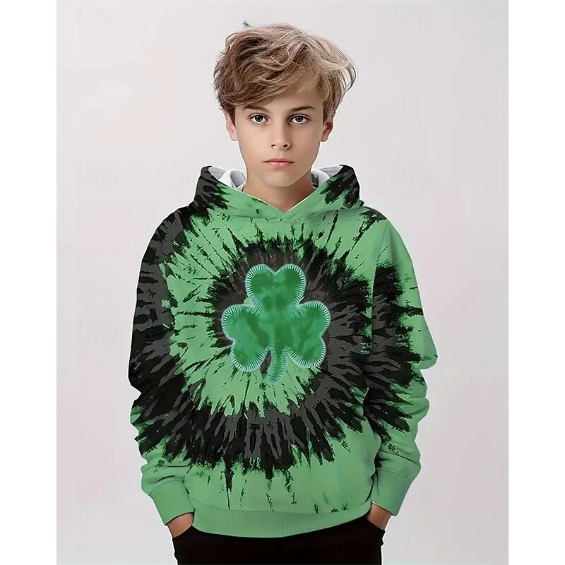 St. Patrick Boys 3D Graphic Tie Dye Hoodie Long Sleeve Spring Fall Fashion Streetwear Kids 4-12 Years Hooded Outdoor Casual Daily Regular Fit