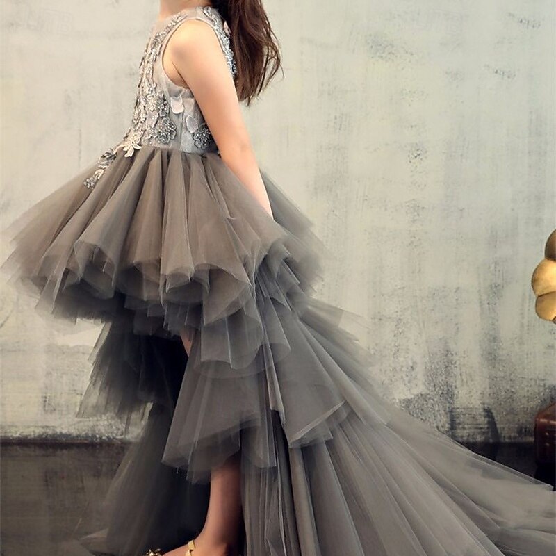 Flower Girl Dress Kid's Girls' Princess Dress Performance Wedding Party Elegant Beautiful Mesh Solid Color Sleeveless Crew Neck Grey 4 years+3