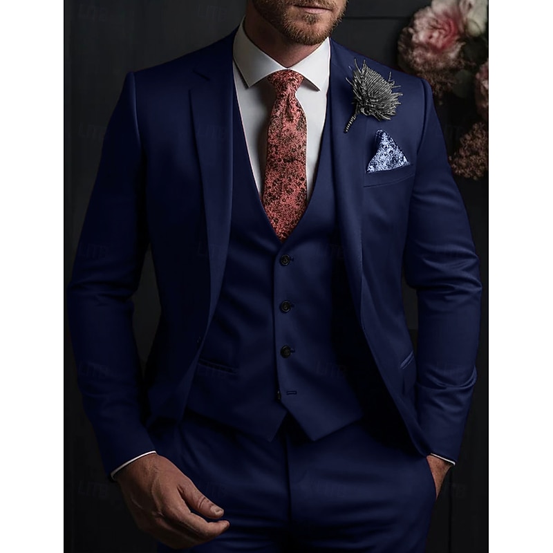 Men's Wedding Suits Notch Red Dark Blue Solid Colored Slim Fit 3 Piece Single Breasted One-button3