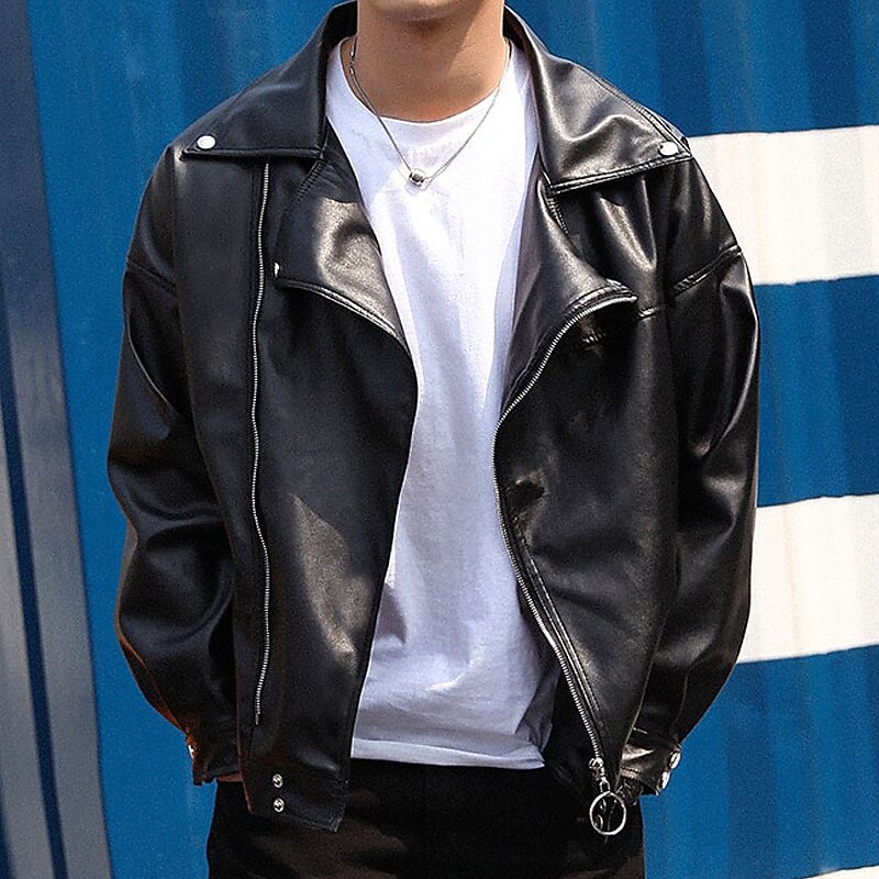 Men's Faux Leather Jacket Transition Jacket Biker Jacket Motorcycle Jacket Vacation Daily Windproof Warm Pocket Fall & Winter Plain Fashion Classic Lapel Regular Black Jacket2