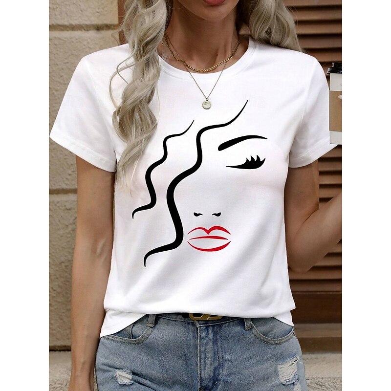 Women's 100% Cotton T Shirt Casual Graphic Regular Tops Short Sleeve Round Neck Print Regular Fit Daily White Summer