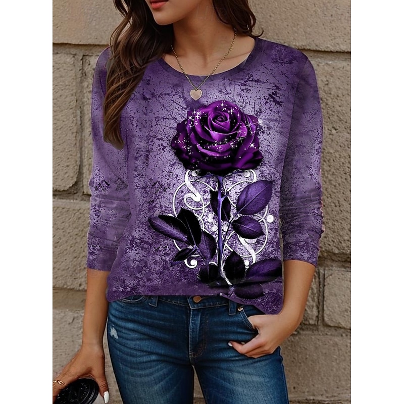 Valentine Women's Rose T Shirt Cute Rose Floral Regular Tops Print Regular Fit Daily Weekend Black Blue Purple Orange Rose Pink Fall Winter Prefall