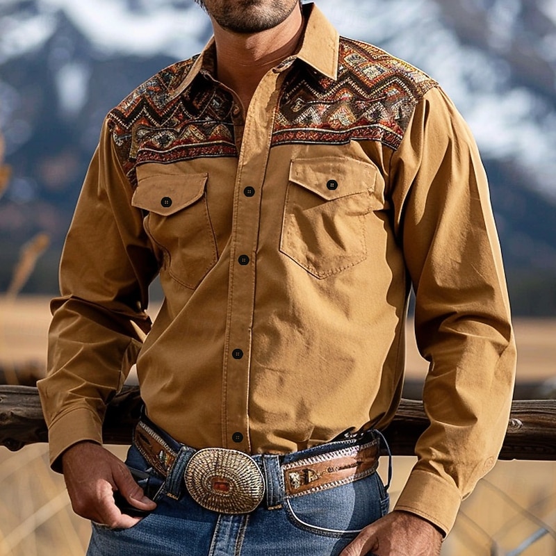 Men's Ethnic Western Shirt Cowboy Shirt Long Sleeve Western Style Sport Casual Spring Fall Turndown Button Up Brown