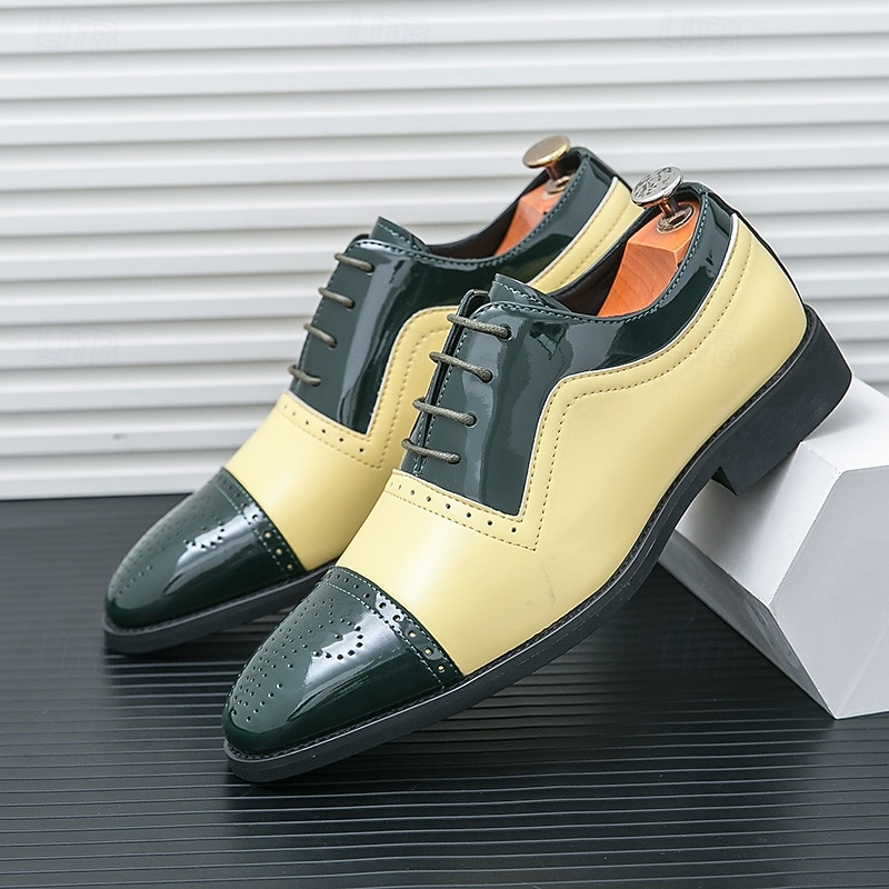 Men's Two-Tone Patent Leather Oxford Shoes, Green and Beige Brogue Dress Shoes for Weddings, Parties and Formal Events3