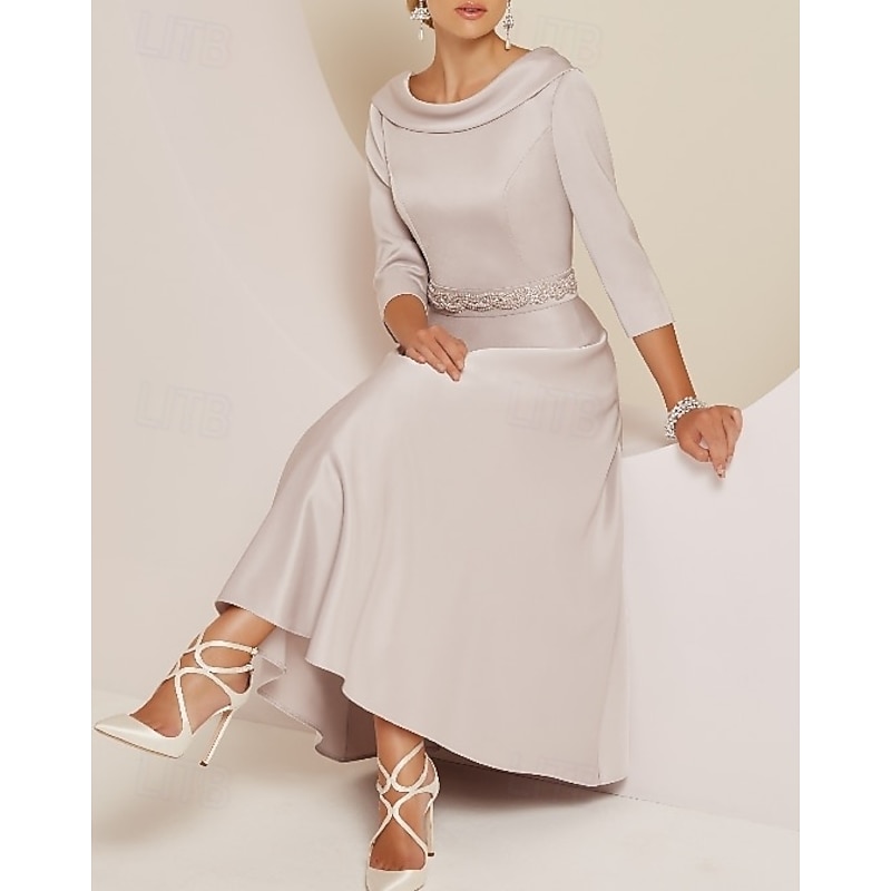 A-Line Dress Mother of the Bride Dress Elegant Vintage Bateau Neck Tea Length Satin 3/4 Length Sleeve with Beading Race Day Dress 5