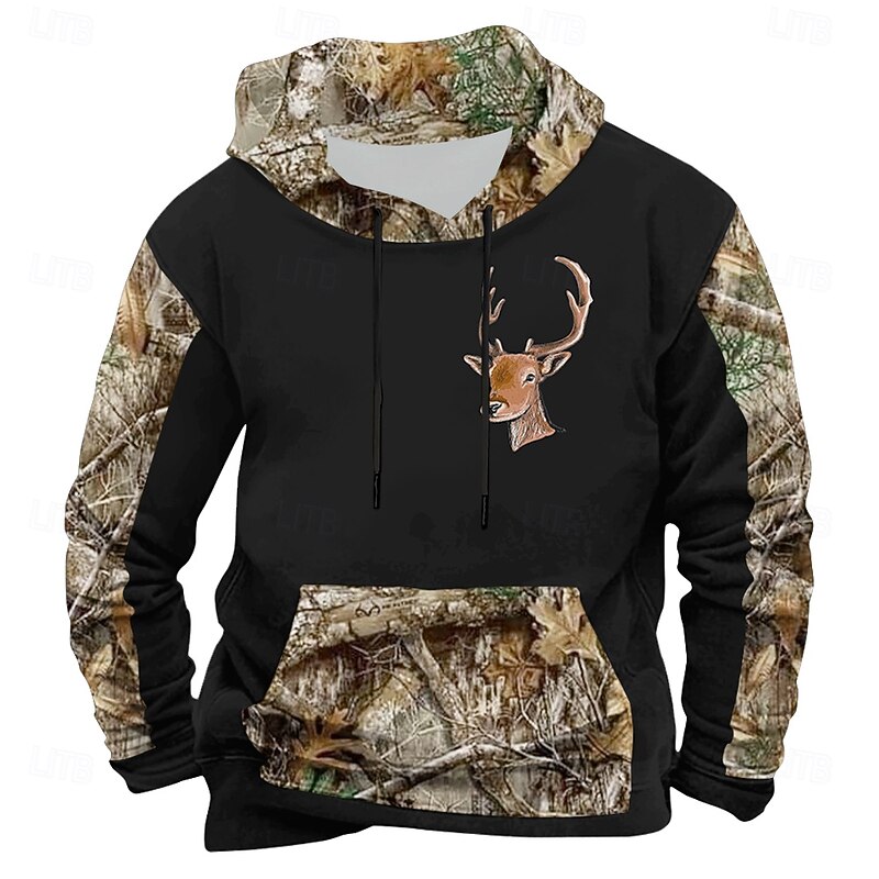 Men's Deer Hoodies Sweatshirt Ethnic Long Sleeve Crew Neck Holiday Hunting Black Blue Drawstring Fall Winter Designer