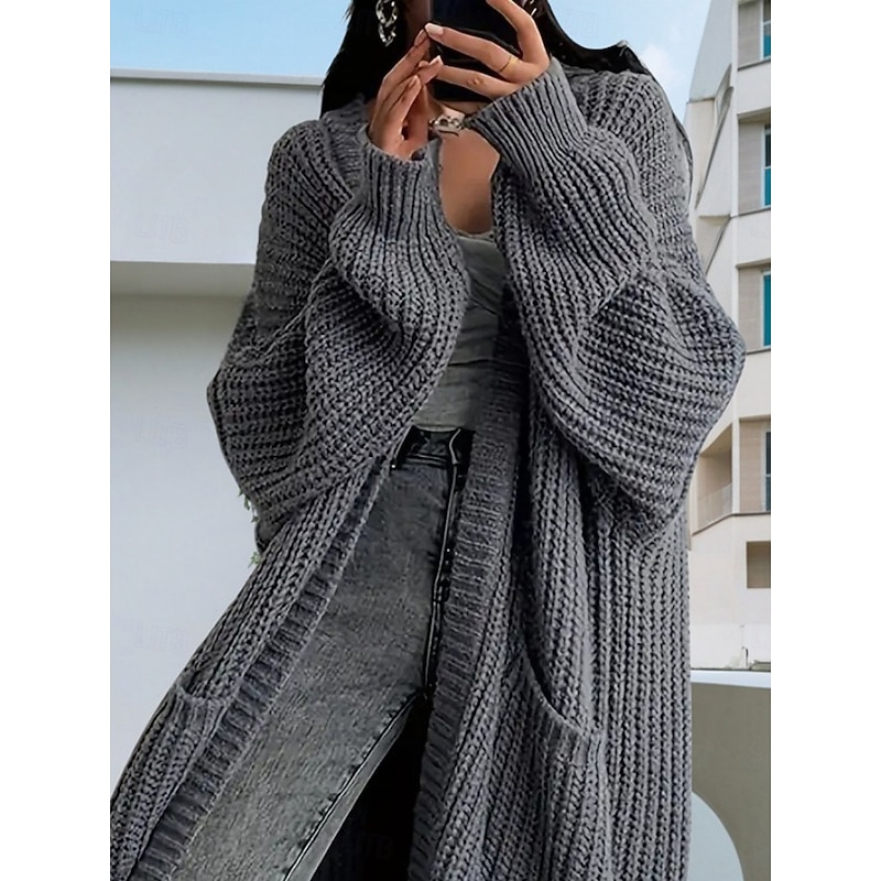 Women's Sweater Cardigan Casual Soft Pure Color Chunky Open Front Buttons Knitted Long Sleeve Long Tops Knit Outdoor Daily Weekend Dark Gray Beige Fall Winter3