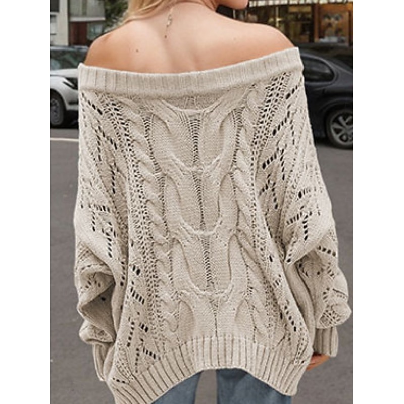 Women's Sweater Casual Soft Pure Color Ribbed Crew Neck Knitted Hole Long Sleeve Regular Tops Knit Outdoor Daily Weekend Pink Khaki Fall Winter2
