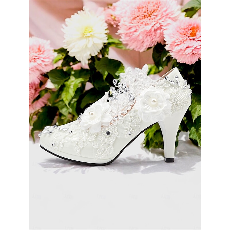 Women's White Lace Wedding Heels – Rhinestone Embellished Floral Design Bridal Shoes for Elegant Occasions3
