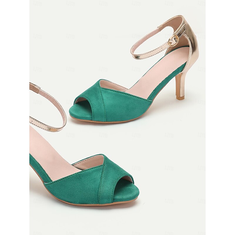 Women's 1920s Green Peep-Toe Heels with Gold Ankle Strap, Elegant Satin Finish Stiletto Sandals for Weddings, Parties, and Formal Events4