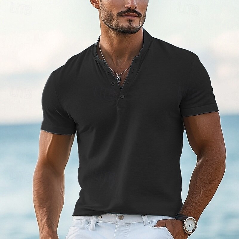 Men's T shirt Henley Shirt Tee Top Short Sleeves Plain Designer Basic Modern Contemporary Buttons Henley Vacation Street Going out Summer Wine Black White Henley T-Shirt2