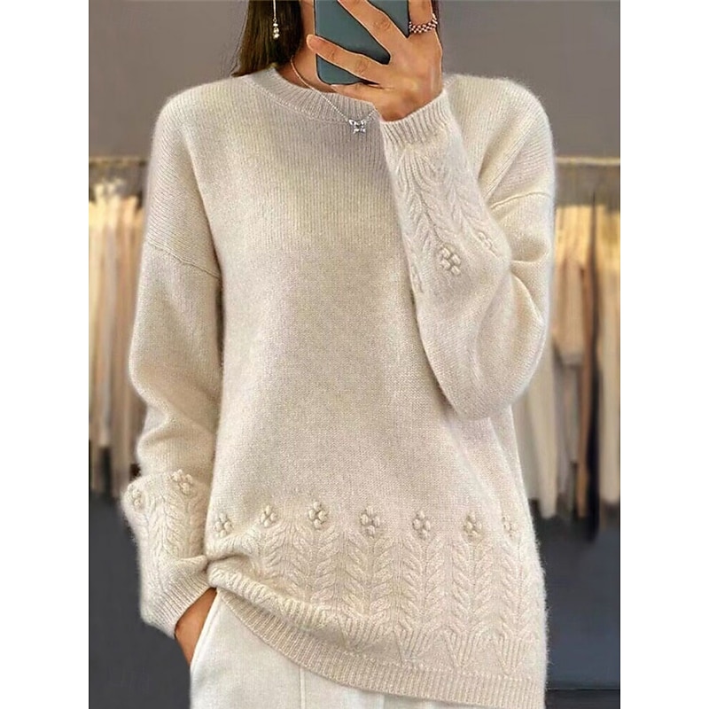 Women's Sweater Casual Soft Pure Color Ribbed Crew Neck Knitted Long Sleeve Regular Tops Knit Outdoor Daily Weekend Pink Camel Fall Winter3