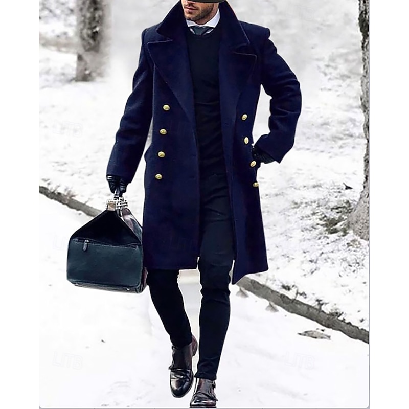 Men's Overcoat Trench Coat Vacation Daily Fall & Winter Polyester Thermal Warm Outerwear Clothing Apparel Fashion Classic Plain Pocket Lapel Double Breasted2