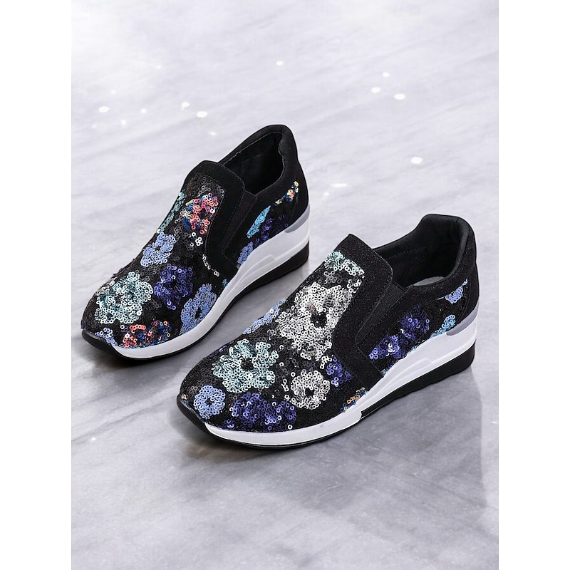 Women's Floral Sequin Slip-On Sneakers - Comfortable Glitter Casual Shoes with Wedge Sole, Perfect for Walking or Party Wear3