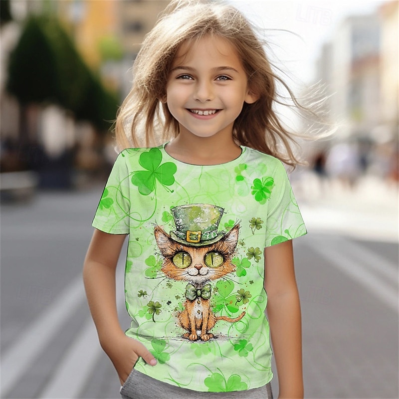 St. Patrick Boys 3D Graphic Cat T shirt Tee Short Sleeve Summer Spring Fashion Basic Kids 4-12 Years Crew Neck Outdoor Casual Daily Regular Fit2