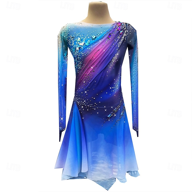 Figure Skating Dress Women's Girls' Ice Skating Dress Royal Blue Thumbhole Halo Dyeing High Elasticity Professional Competition Skating Wear Thermal Warm Crystal / Rhinestone Long Sleeve Ice Skating2
