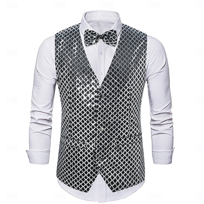 Retro Vintage Roaring 20s 1920s Vest Waistcoat Bow Tie The Great Gatsby Gentleman Sequins Vintage Fancy Dress Men's Christmas Halloween Carnival Performance Bachelorette Party Festival Adults' Vest