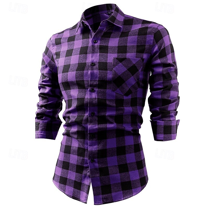 Men's Shirt Dress Shirt Button Up Shirt Plaid Wedding Party Dark Yellow White Dark Red Yellow Long Sleeve Lapel Spring &  Fall Clothing Apparel Pocket3