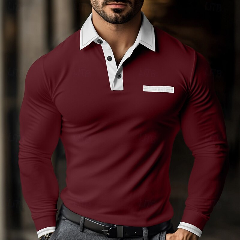 Men's Polo Shirts Golf Shirt Casual Holiday Lapel Long Sleeve Fashion Basic Color Block Patchwork Summer Regular Fit Dark Gray White Wine Navy Blue Gray Polo Shirts2