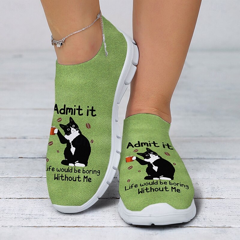 Women's Green Slip-On Sneakers with Funny Cat Printed, Perfect for Everyday Wear