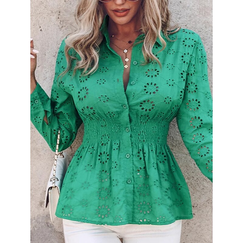 Women's Elegant Lace Tops Eyelet Blouse Casual Solid Color Regular Tops Long Sleeve Shirt Collar Buttons Eyelet Regular Fit Daily Green Romantic Petite Tops Summer Holiday Wear3