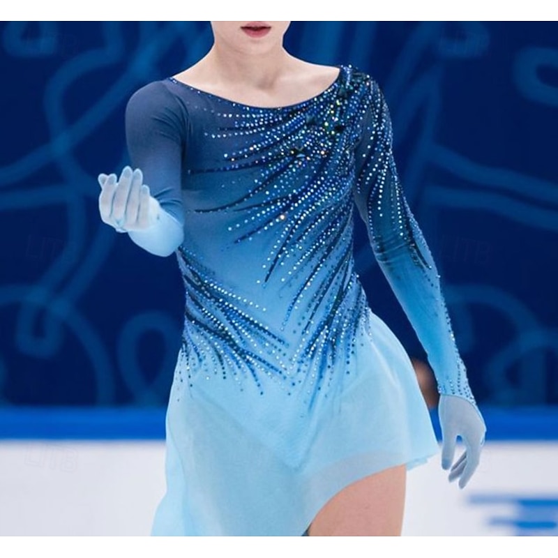 Figure Skating Dress Women's Girls' Ice Skating Dress Blue Asymmetric Hem Mesh High Elasticity Training Competition Skating Wear Classic Crystal / Rhinestone Long Sleeve Ice Skating Figure Skating