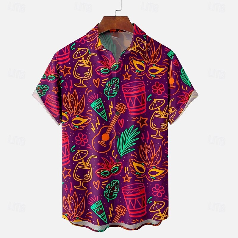 Carnival Men's Mask Musical Instrument Casual Shirt Button Up Shirt Short Sleeve Ugly Abstract Causal Casual Summer Spring Turndown Button Up Red