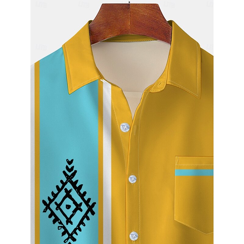 Men's Color Block Ethnic Bowling Shirt Button Up Shirt Short Sleeves Artistic Casual Comfortable Outdoor Vacation Street Spring & Summer Shirt Collar Printing Yellow4