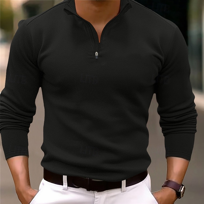 Men's Quarter Zip Polo Golf Polos Shirts Outdoor Causal Quarter Zip Long Sleeve Fashion Modern Solid Color Knitted Spring &  Fall Standard Fit Black White Navy Blue Dark Green Brown Quarter Zip Polo4