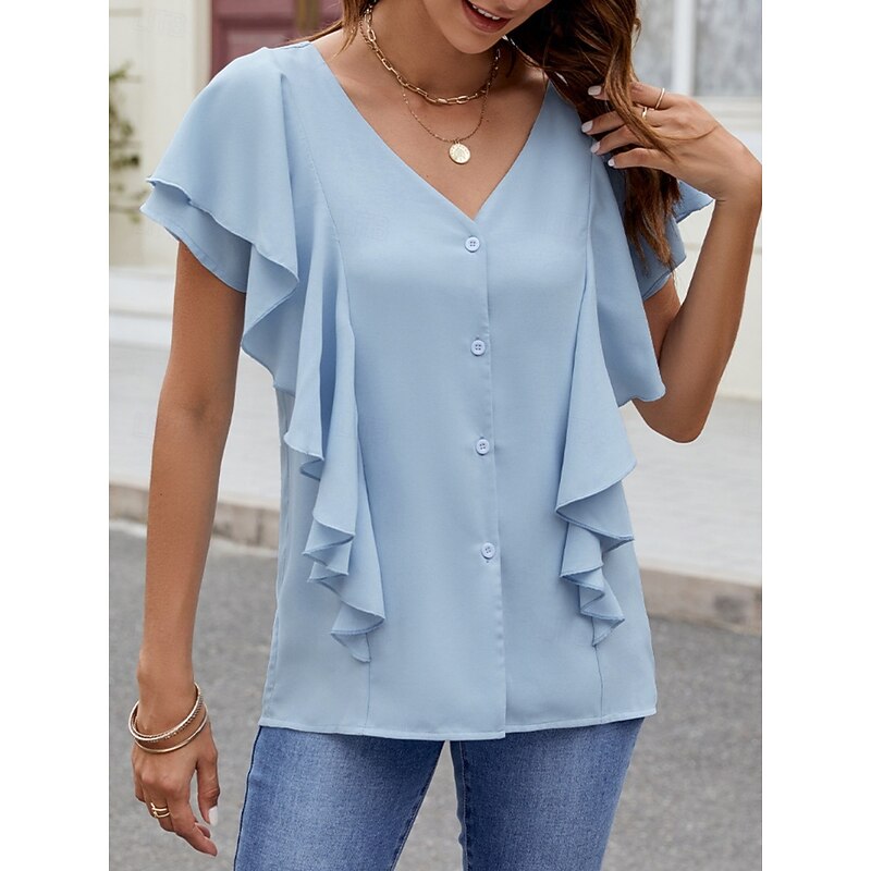 Women's Shirt Blouse Solid Color Basic Casual Short Sleeve V Neck Regular Tops Daily Ruffle Buttons Black Blue Fuchsia Summer Spring Fall2