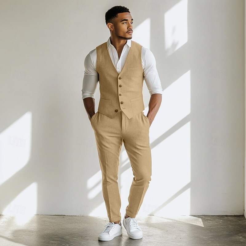 Men's Wedding Casual Linen Suits Brown Lightweight Casual Solid Colored Standard Fit 2 Piece3