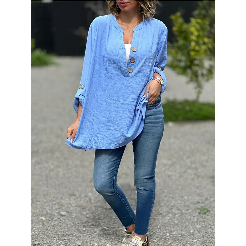 Women's Shirt Blouse Solid Color Basic Casual Long Sleeve Crew Neck Regular Tops Daily Patchwork Buttons Yellow Pink Blue Fall Winter4