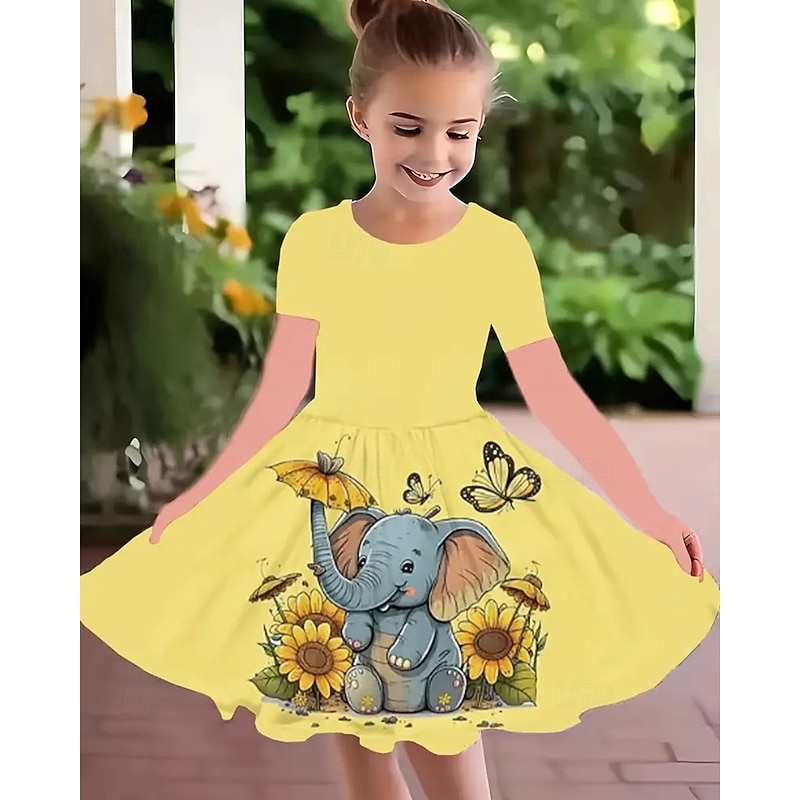 Girls' 3D Graphic Elephant Dress Short Sleeve Summer Spring Vacation Daily Holiday Princess Beautiful Sweet Kids 4-12 Years Casual Dress A Line Dress Knee-length Regular Fit