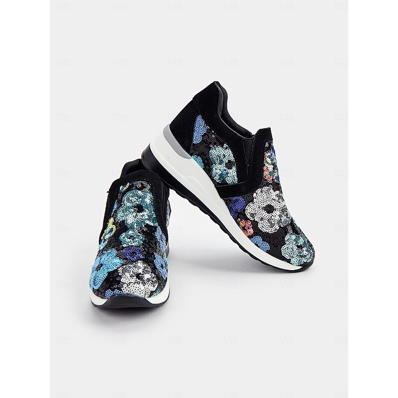 Women's Floral Sequin Slip-On Sneakers - Comfortable Glitter Casual Shoes with Wedge Sole, Perfect for Walking or Party Wear4