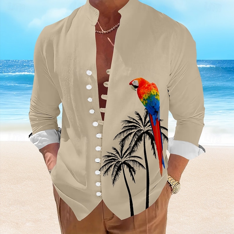 Men's Parrot Summer Hawaiian Shirt Aloha Shirt Long Sleeve Hawaiian Resort Vacation Summer Spring V Neck Button Up White Blue Green Beige2